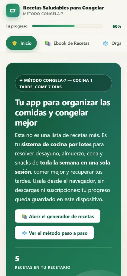 App Recetas Saludables para Congelar: pantalla de inicio