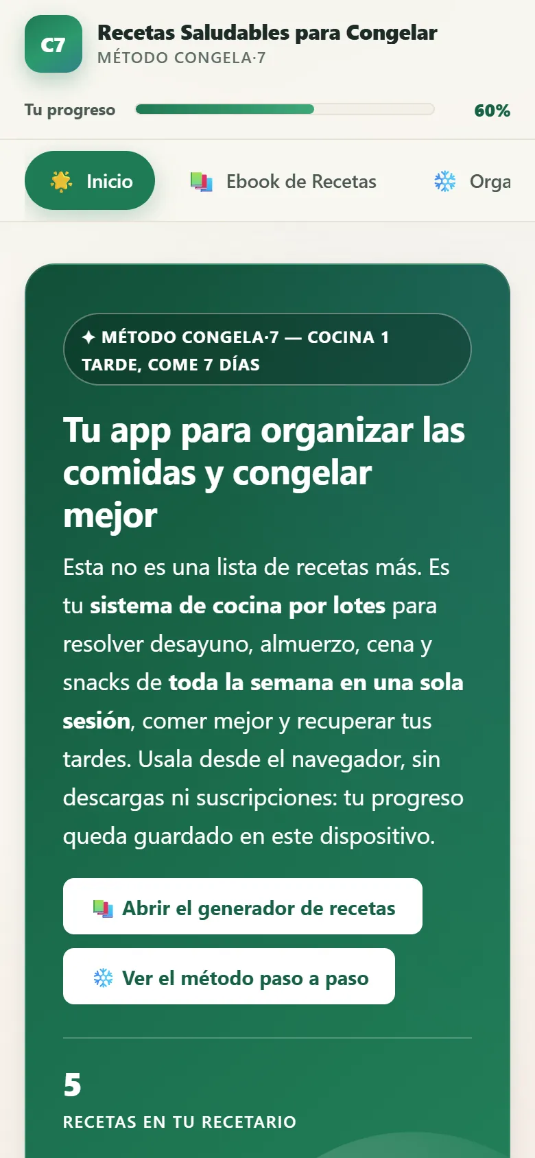 Pantalla de inicio de la app con recetas guardadas, tareas completadas y días planificados