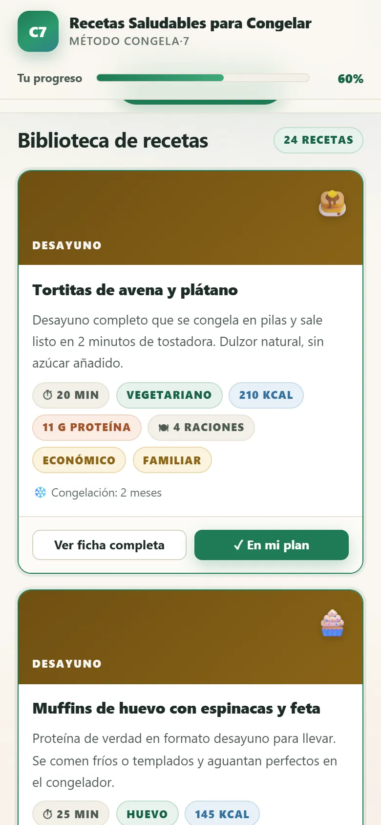 Biblioteca de recetas con tiempo, calorías, proteína, raciones y tiempo de congelación