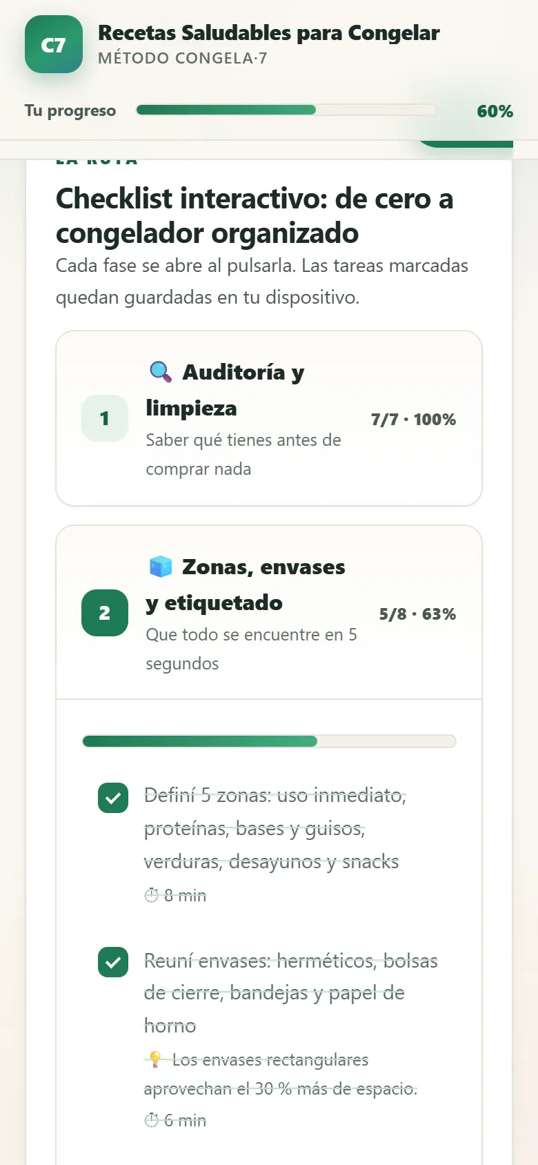 Checklist interactivo por fases para organizar el congelador
