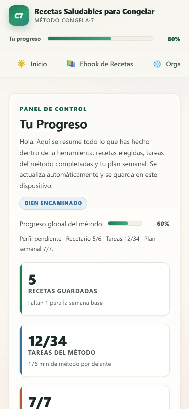 Panel de progreso con recetas guardadas, tareas del método y días cubiertos