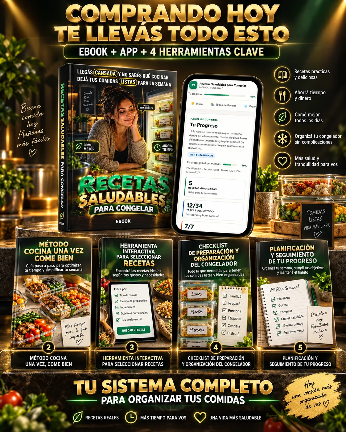 Comprando hoy te llevás todo esto: ebook, app, Método Cocina Una Vez Come Bien, herramienta para seleccionar recetas, checklist del congelador y planificación de tu progreso